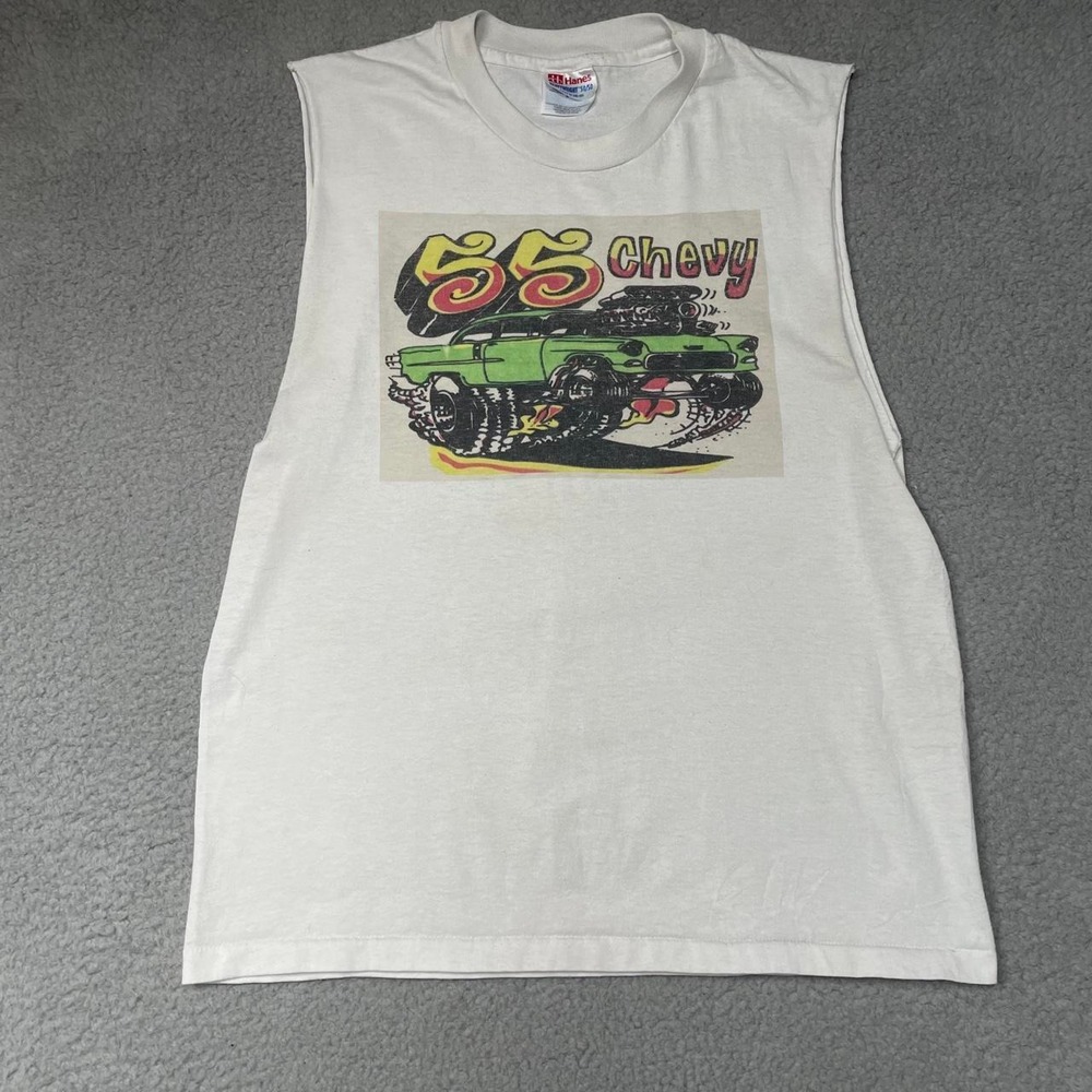 Hanes Muscle Tank Top Mens M White Vintage 90s 55 Chevy Muscle Car Single Stitch